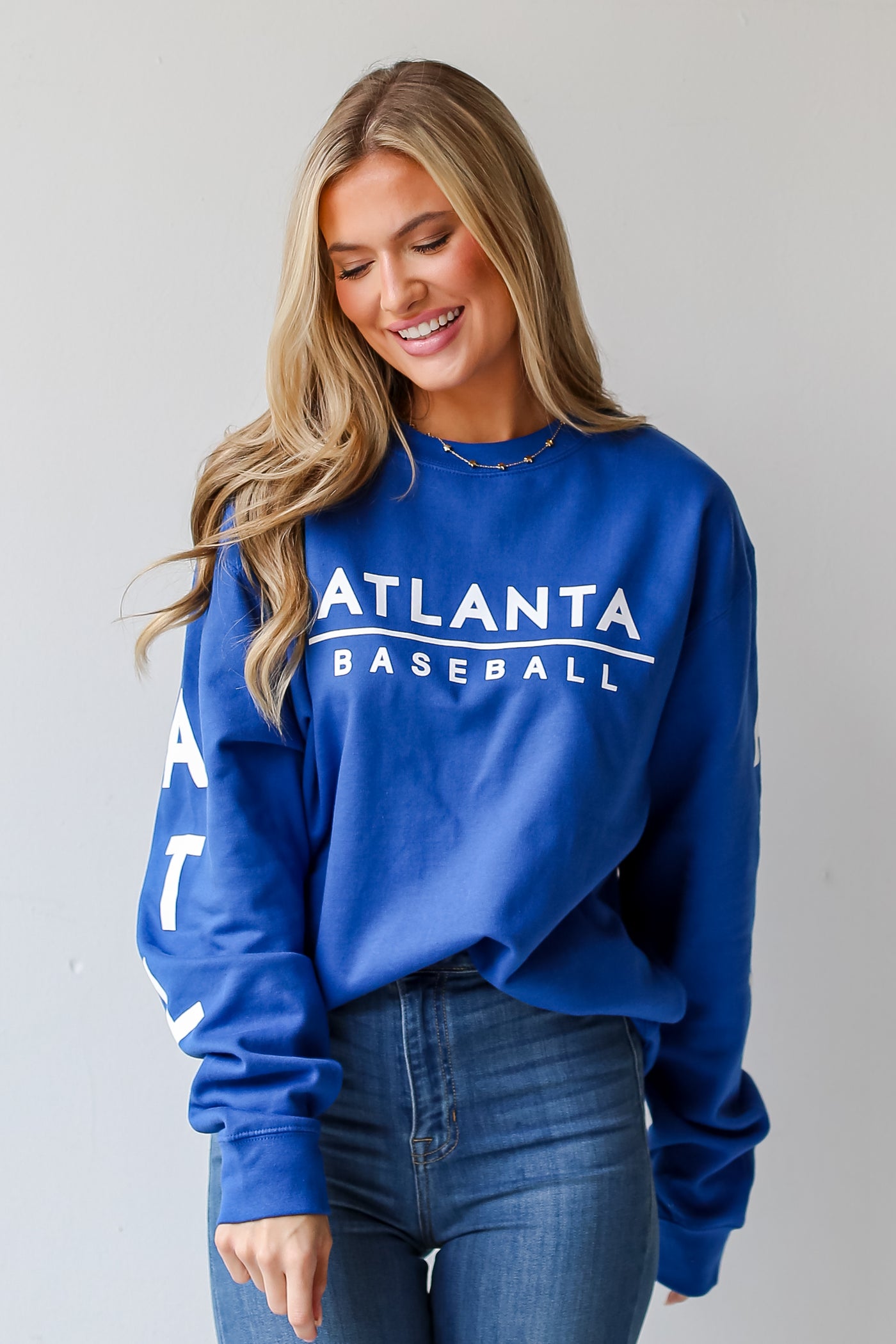 Royal Blue Atlanta Baseball Pullover on dress up model
