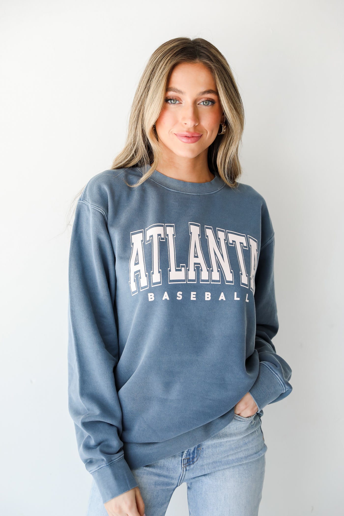 Denim Atlanta Baseball Block Letter Pullover on model