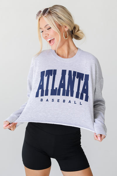 Products Heather Grey Atlanta Baseball Cropped Pullover on model