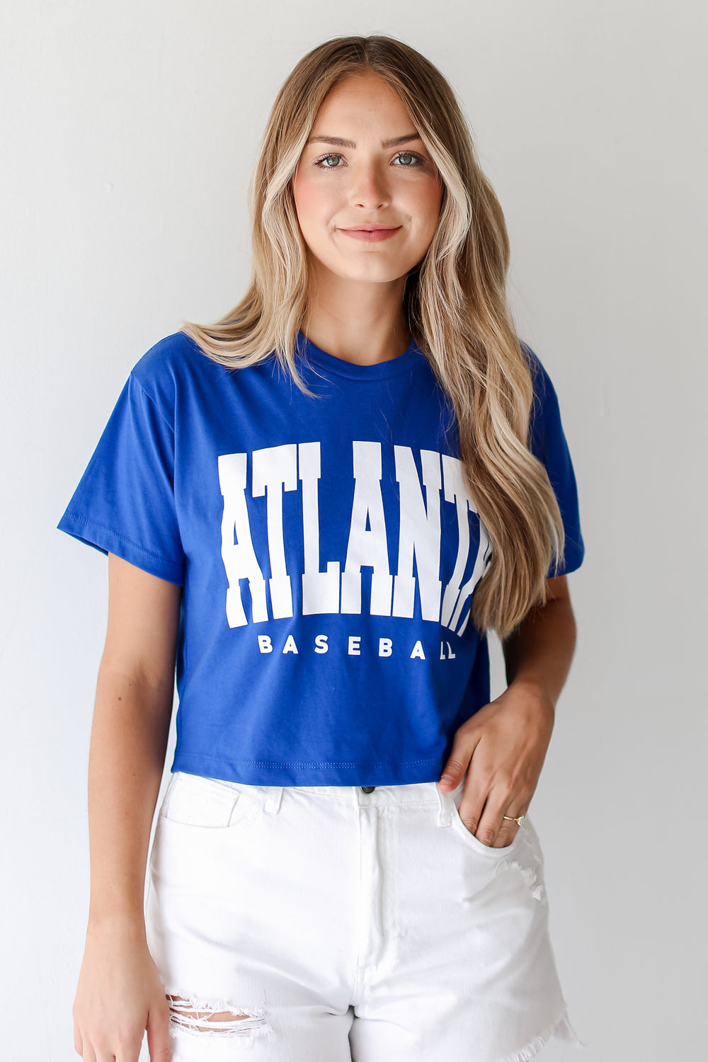 Royal Blue Atlanta Baseball Cropped Tee on model
