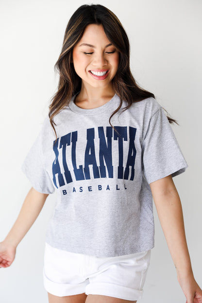 Heather Grey Atlanta Baseball Cropped Tee on model