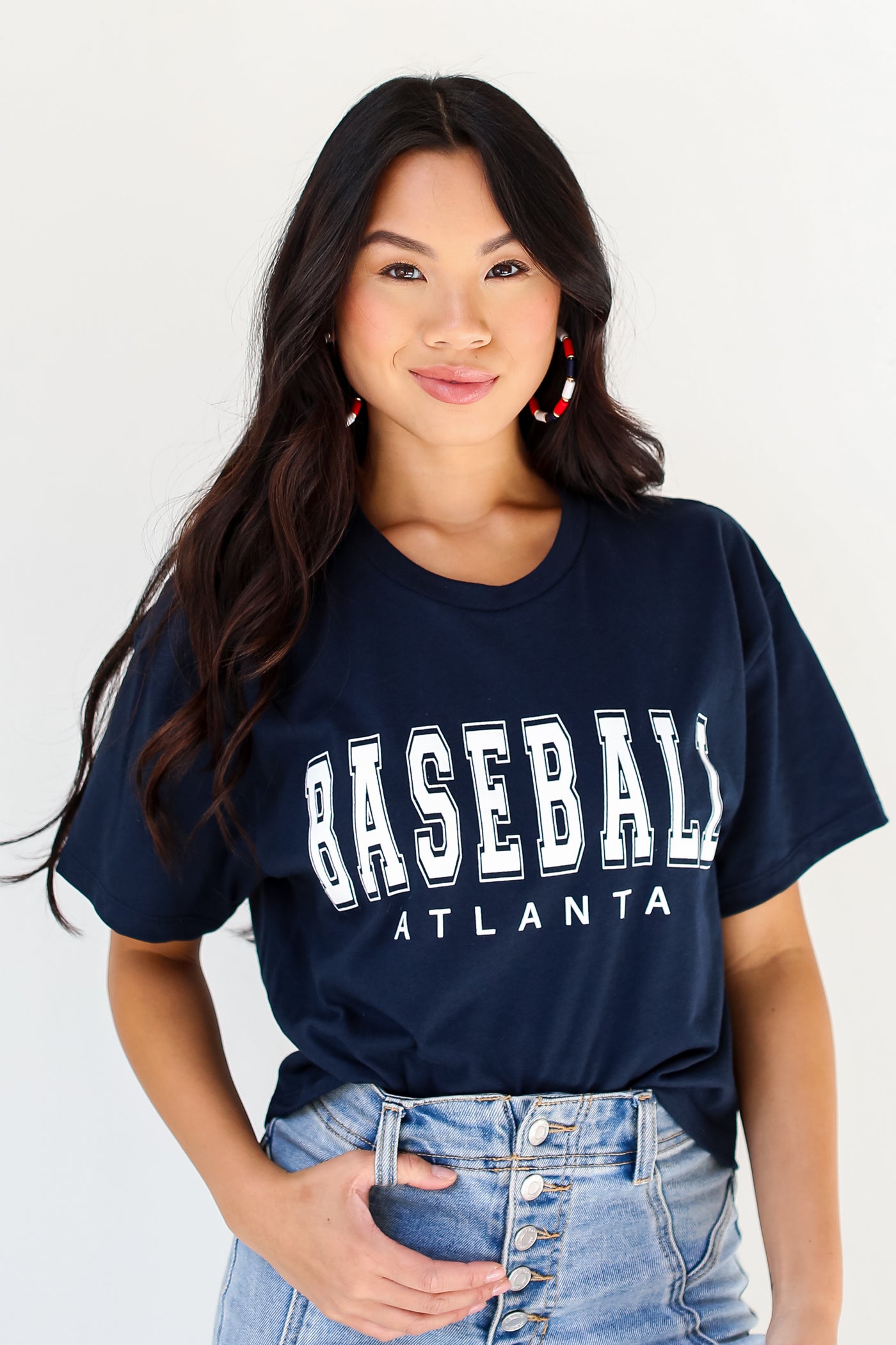 model wearing a Navy Atlanta Baseball Cropped Tee