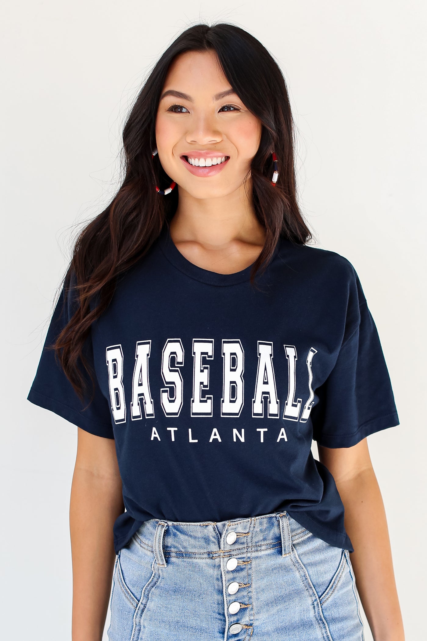 Navy Atlanta Baseball Cropped Tee front view on model