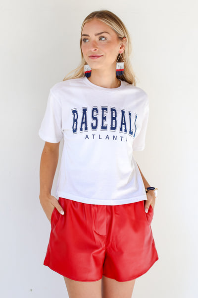 model wearing a white Baseball Atlanta Cropped Tee