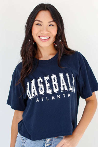 Navy Atlanta Baseball Cropped Tee on dress up model