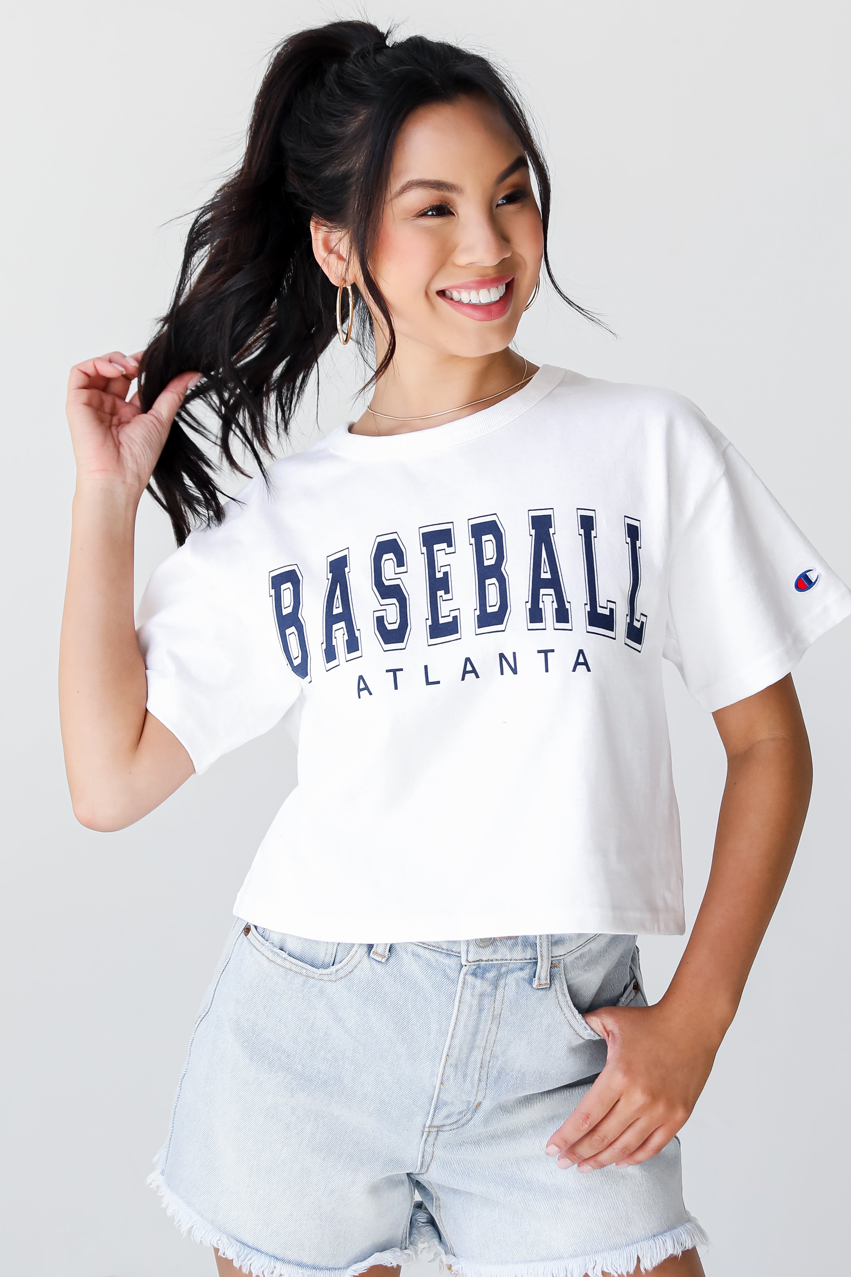 White Baseball Atlanta Cropped Tee on model