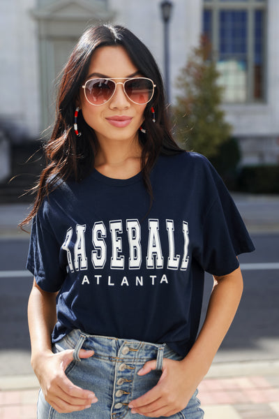 Navy Atlanta Baseball Cropped Tee on model