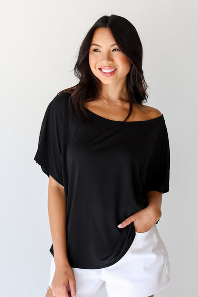 black Off-The-Shoulder Tee front view