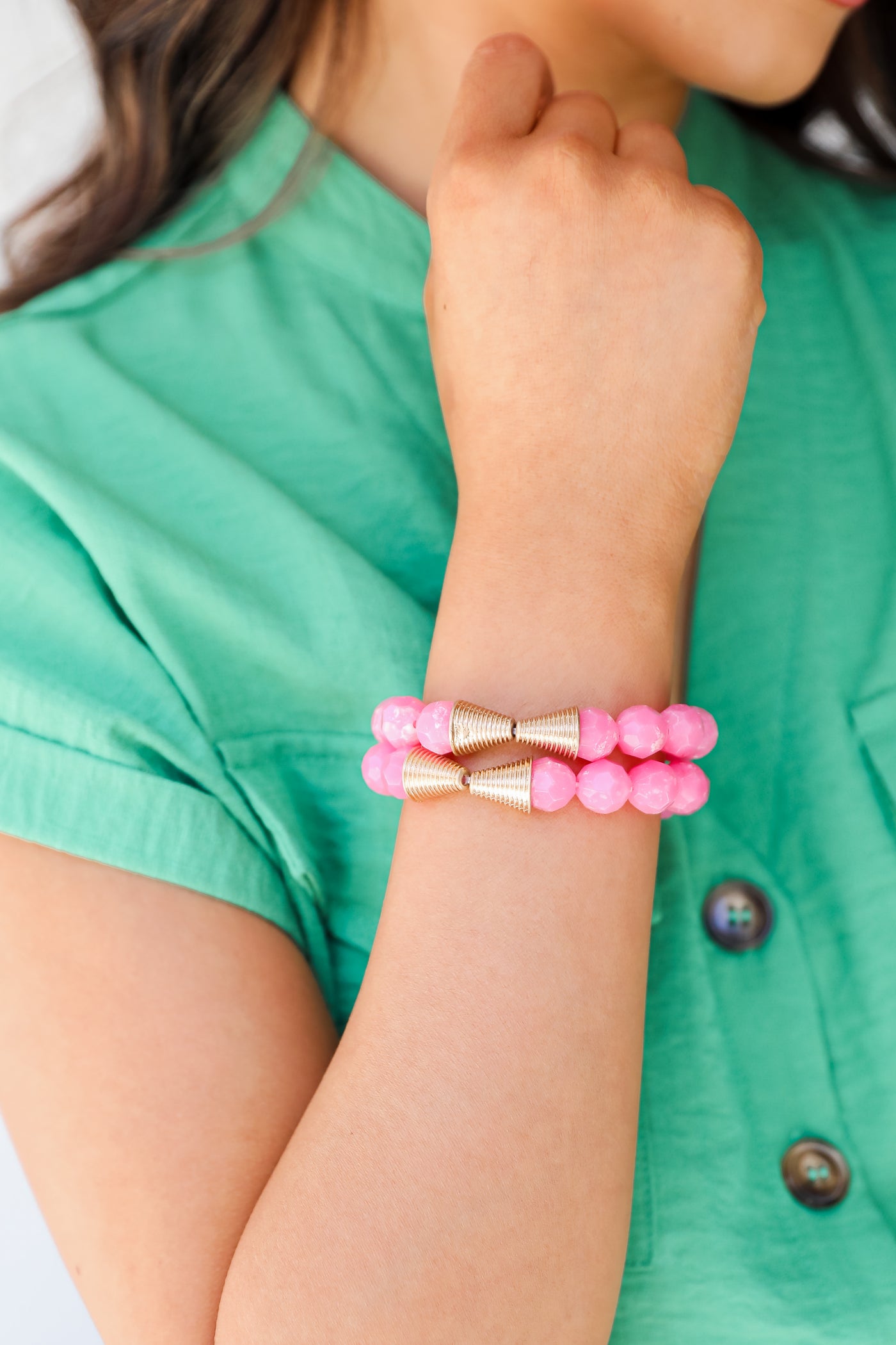 pink Beaded Bracelet Set on model