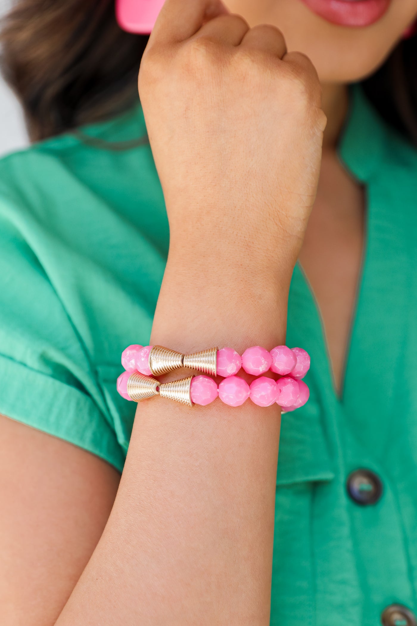 pink Beaded Bracelet Set on model