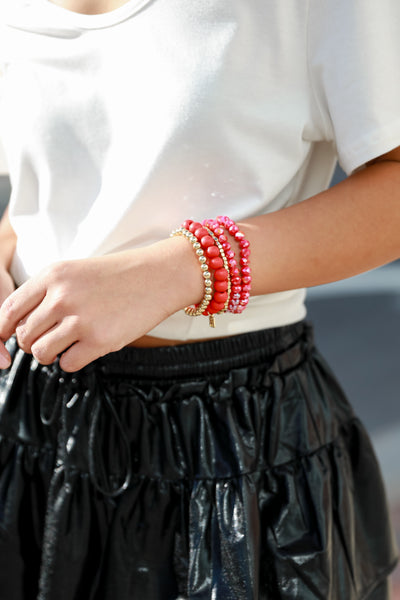 Red + Gold Beaded Bracelet Set on dress up model