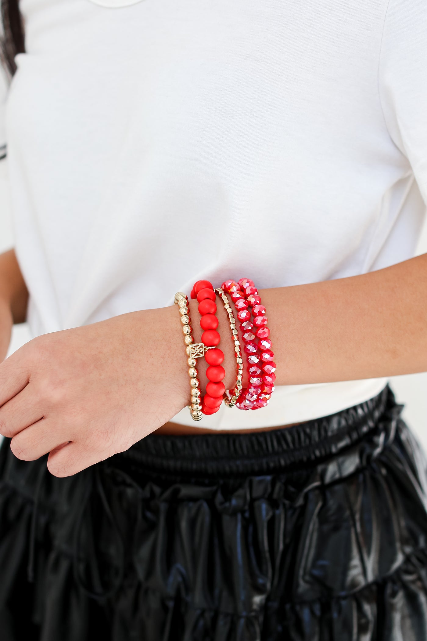 Red + Gold Beaded Bracelet Set on model