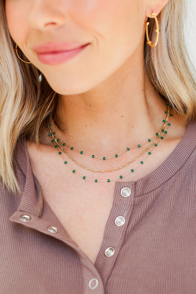 green Beaded Layered Necklace on model