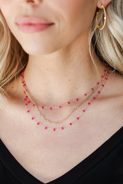 pink Beaded Layered Necklace close up