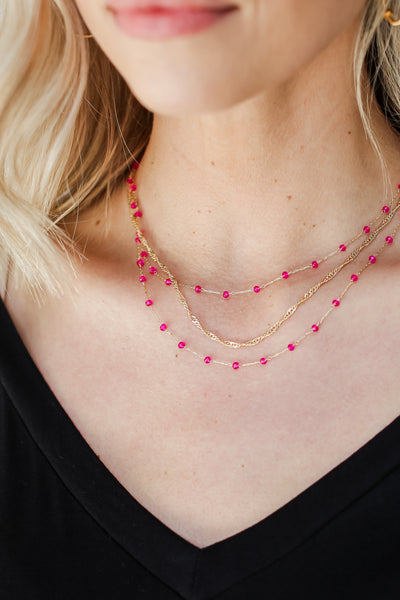 pink Beaded Layered Necklace on model