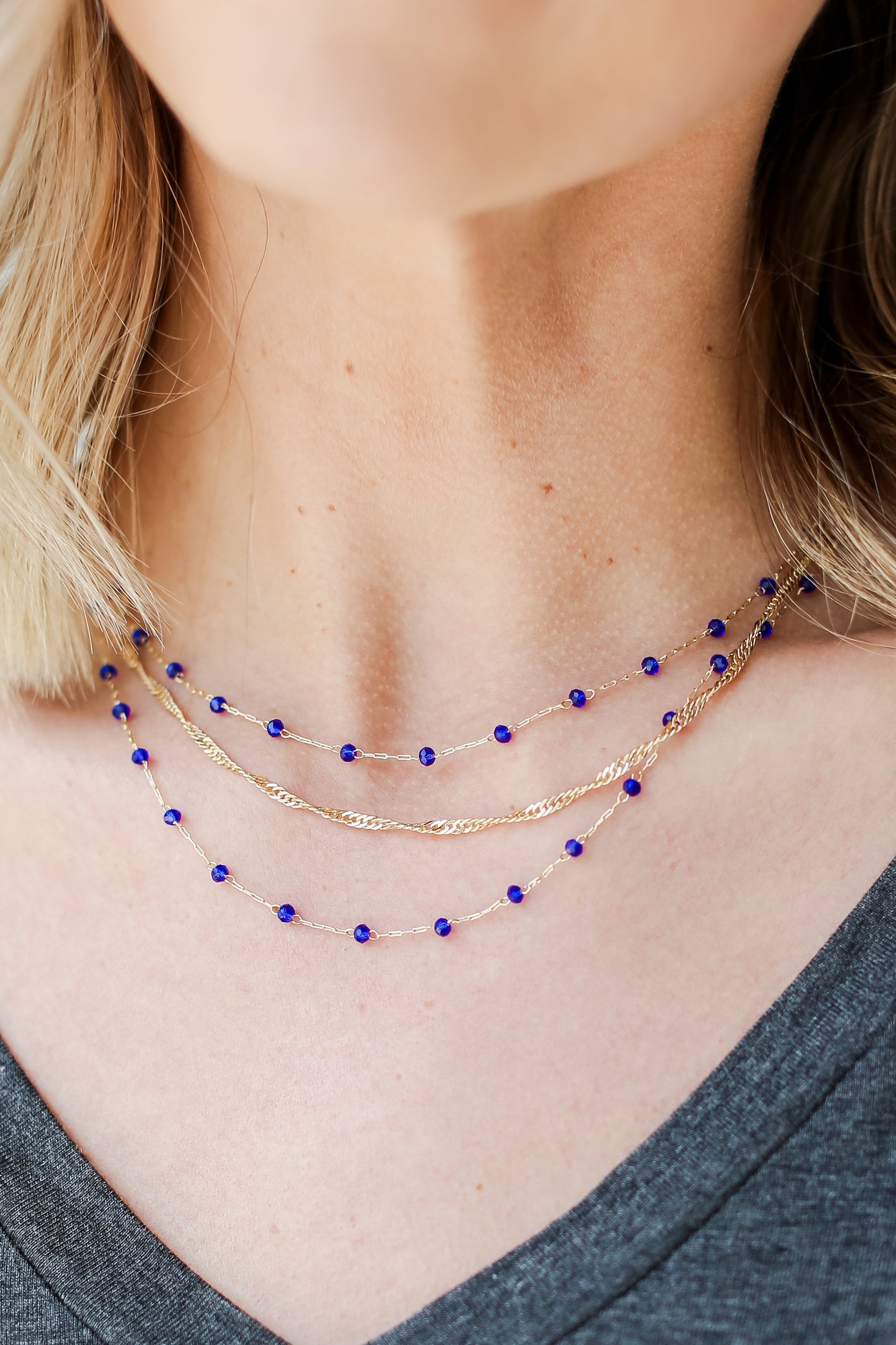 blue Beaded Layered Necklace on model