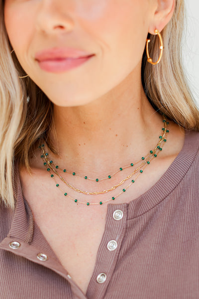 green Beaded Layered Necklace close up
