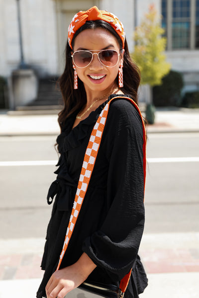 Orange + White Checkered Beaded Purse Strap on dress up model