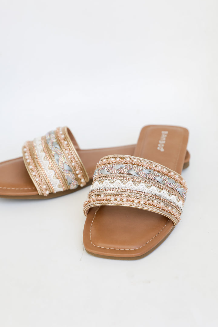 Better Together Gold Beaded Rhinestone Slide Sandals By Bamboo
