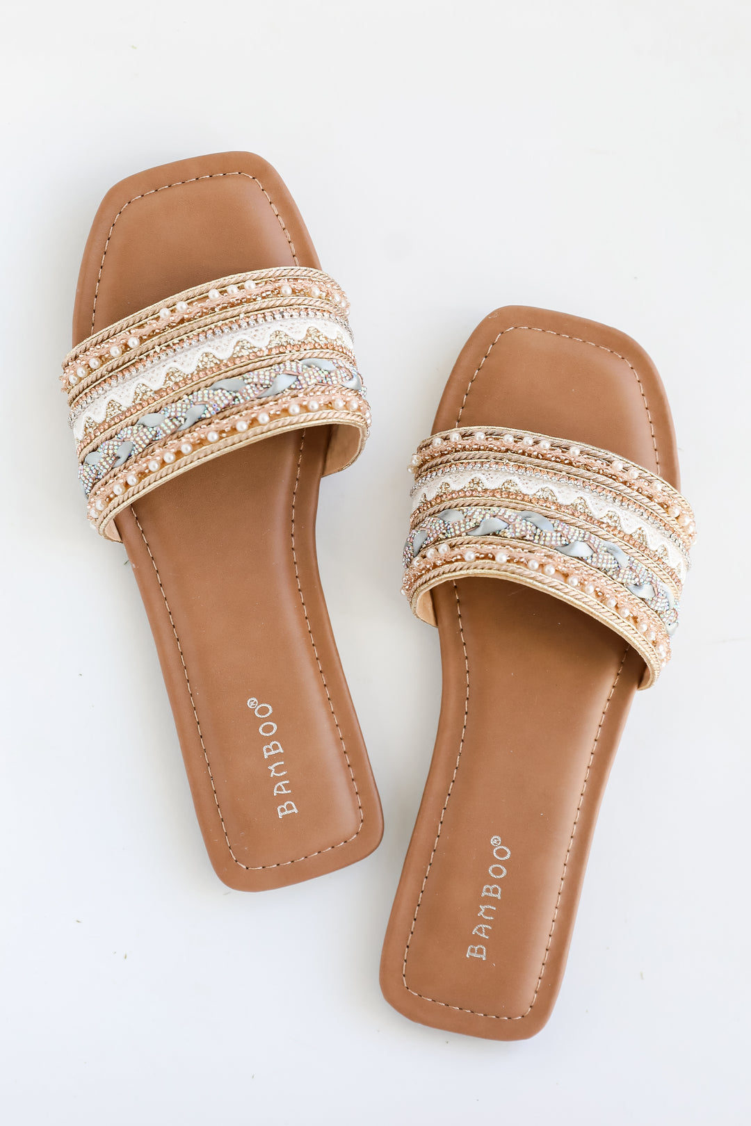 Better Together Gold Beaded Rhinestone Slide Sandals By Bamboo