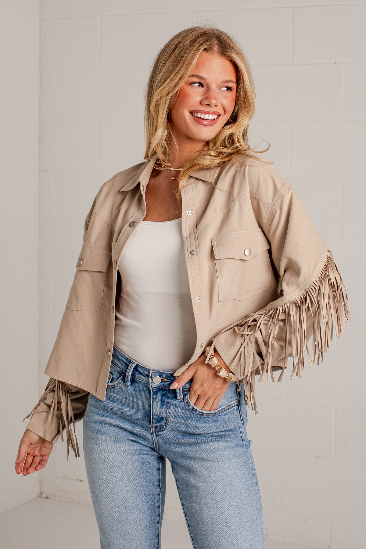 Dancing Through Dallas Fringe Beige Jacket