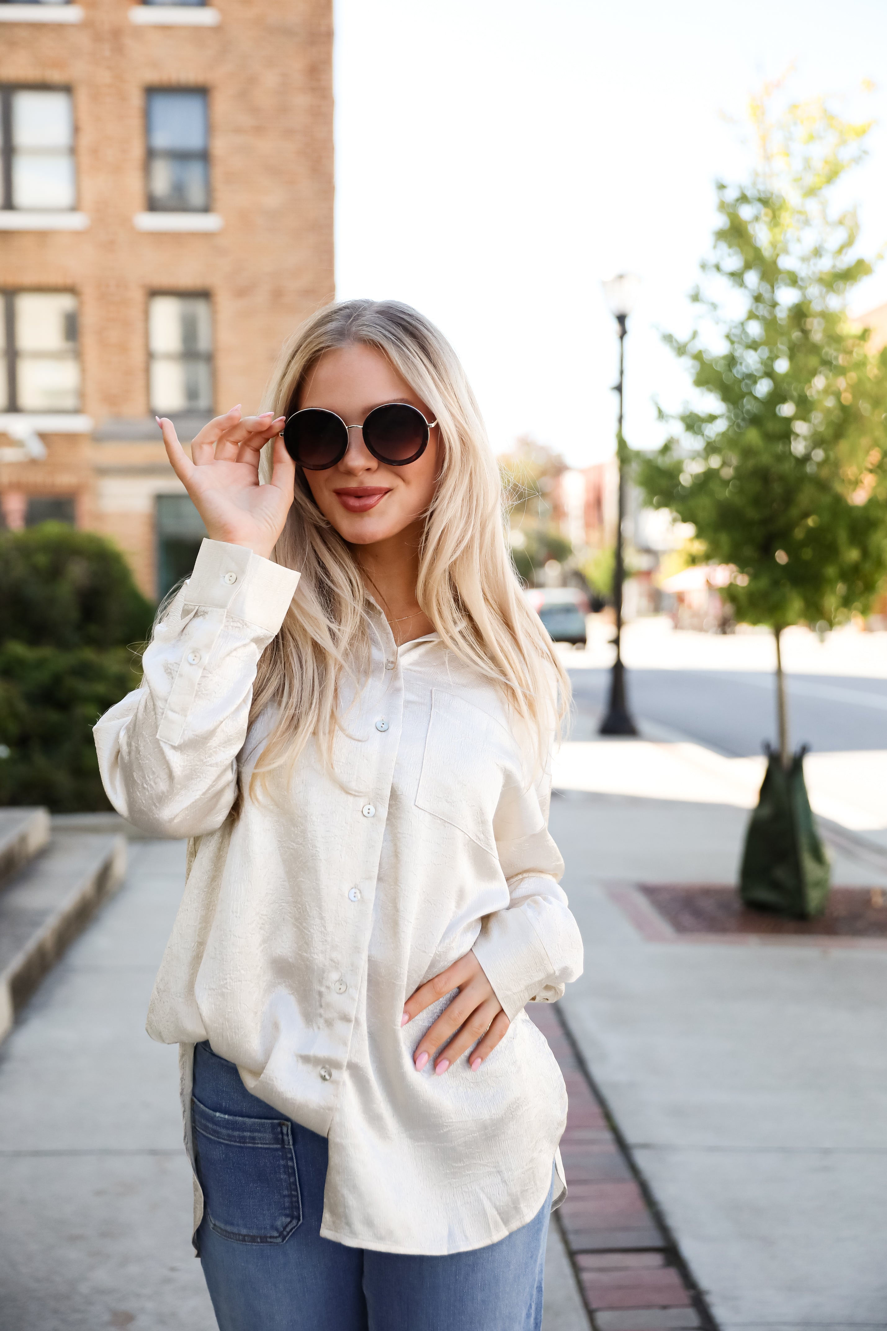 Radiant Mood Beige Metallic Button-Up Blouse