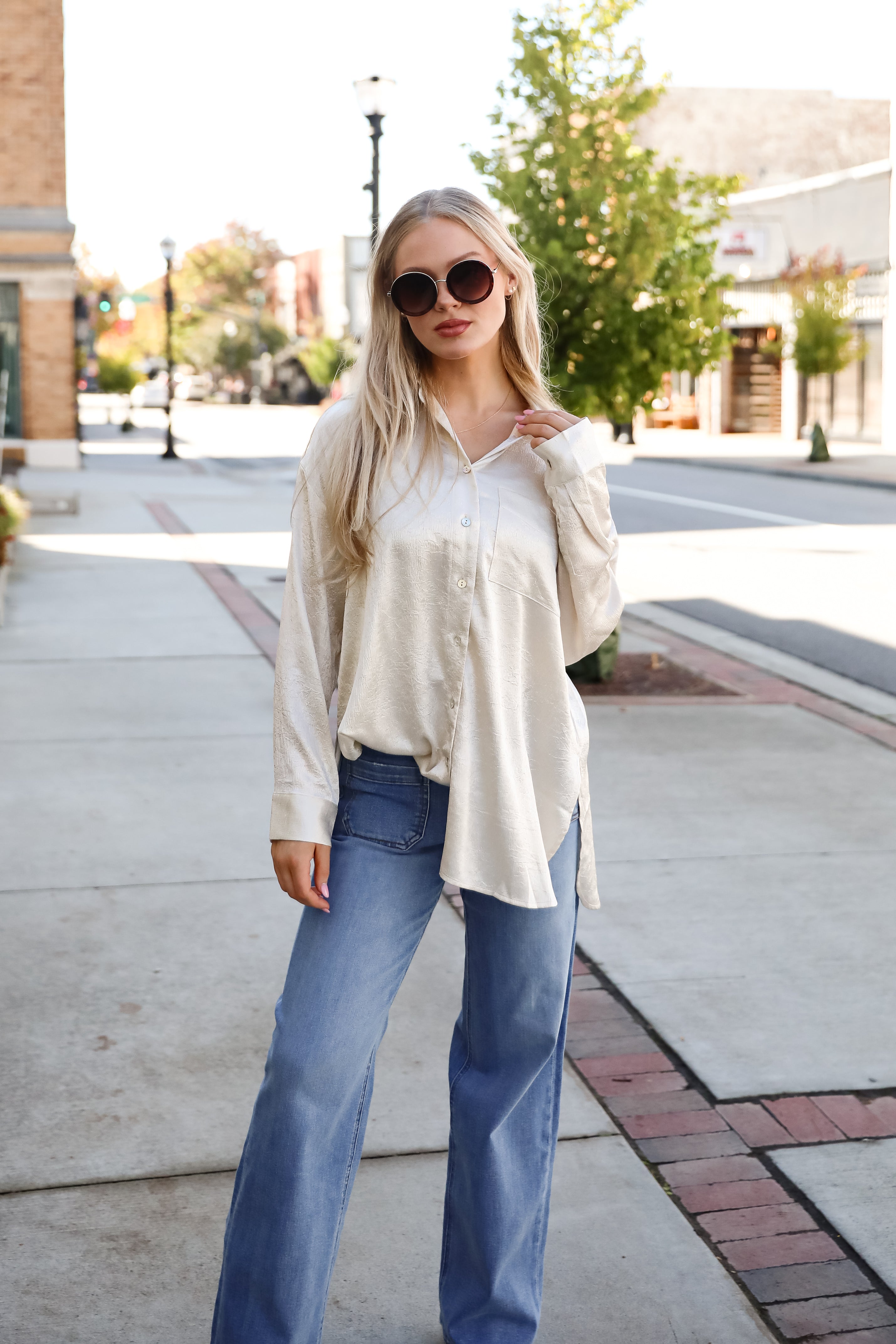 Radiant Mood Beige Metallic Button-Up Blouse