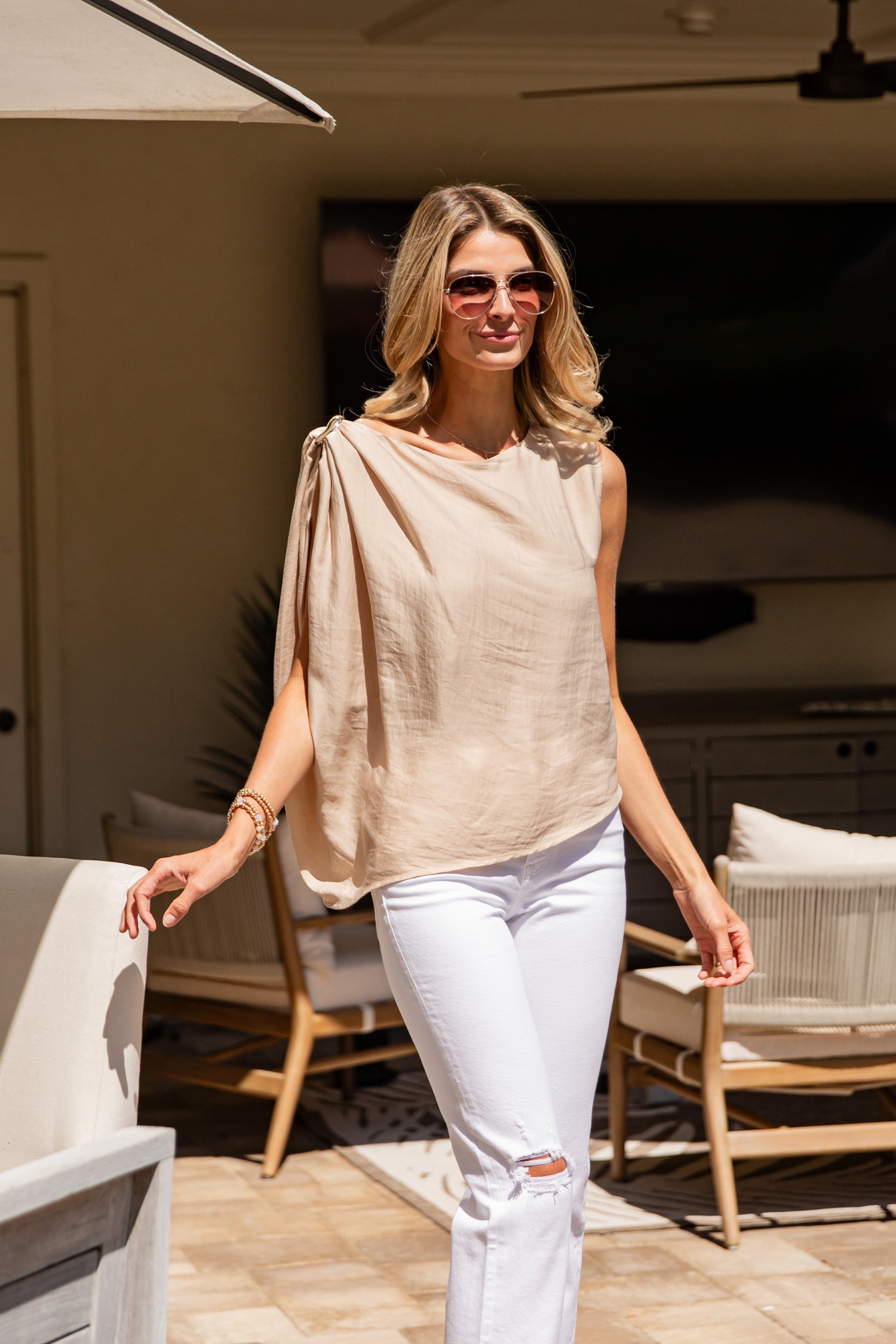 Stylish Flowy Beige Tank Top | Trendy Women's Tops