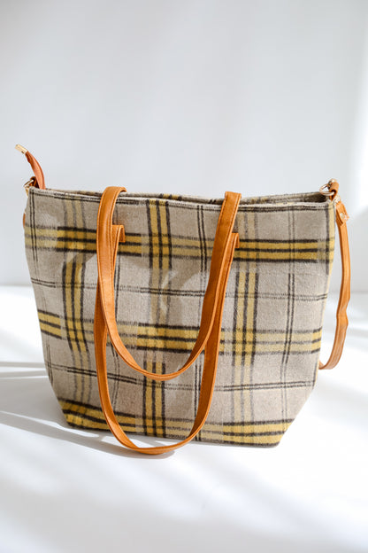 Tasteful Aesthetic Beige Plaid Tote Bag