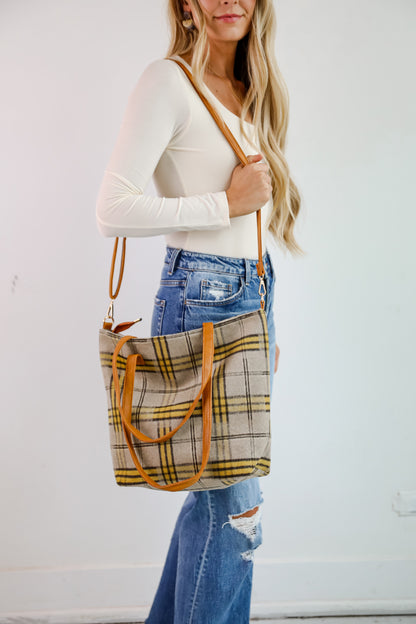 Tasteful Aesthetic Beige Plaid Tote Bag