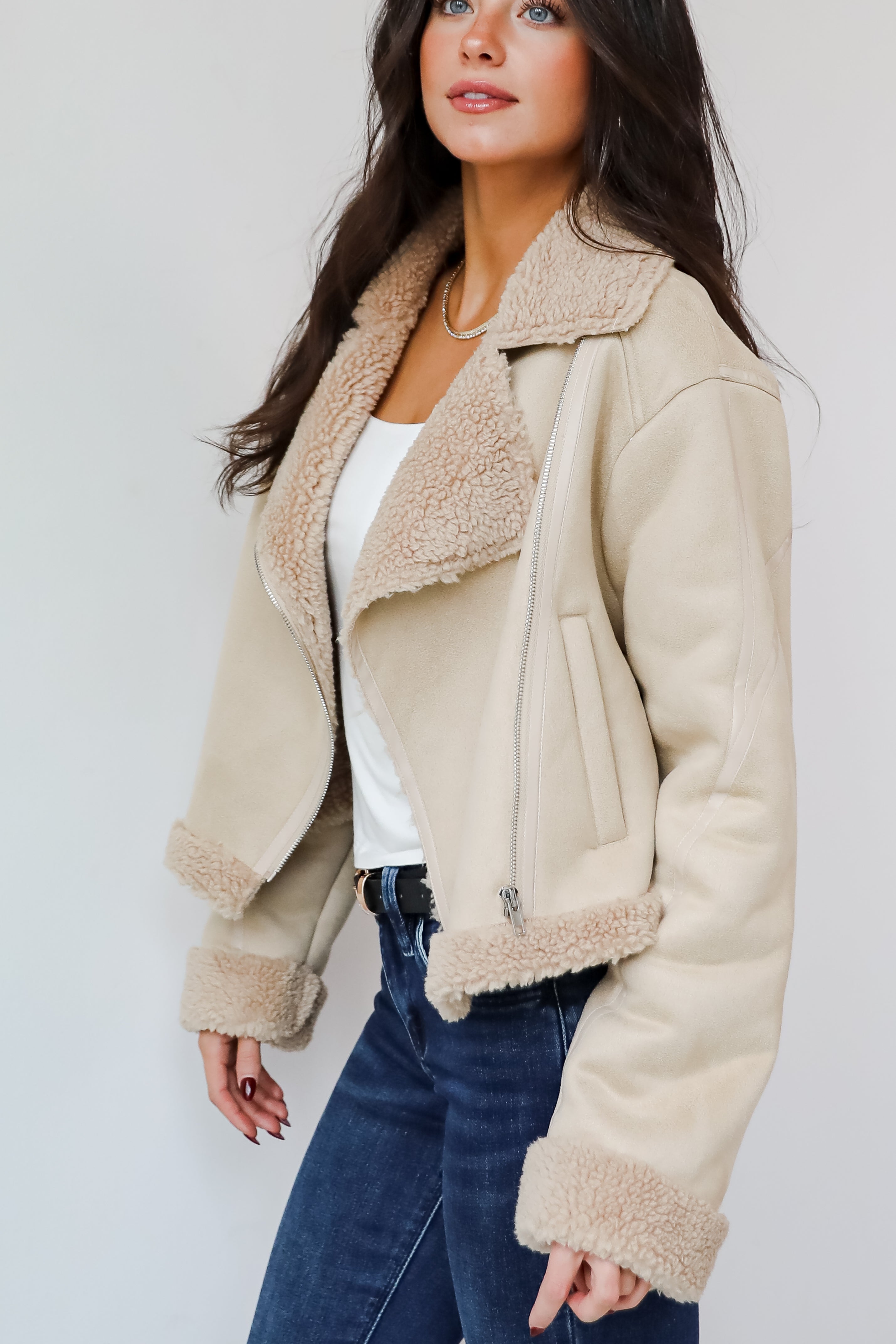 Cozy Beige Sherpa Moto Jacket Women s Outerwear Dress Up