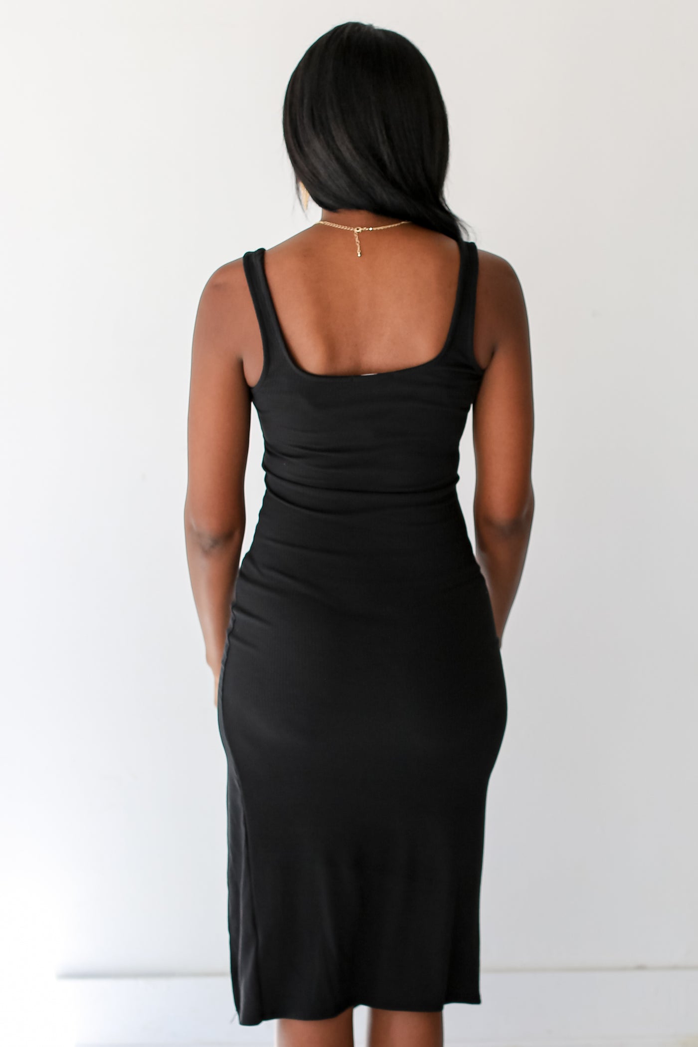 black Ribbed Bodycon Midi Dress back view