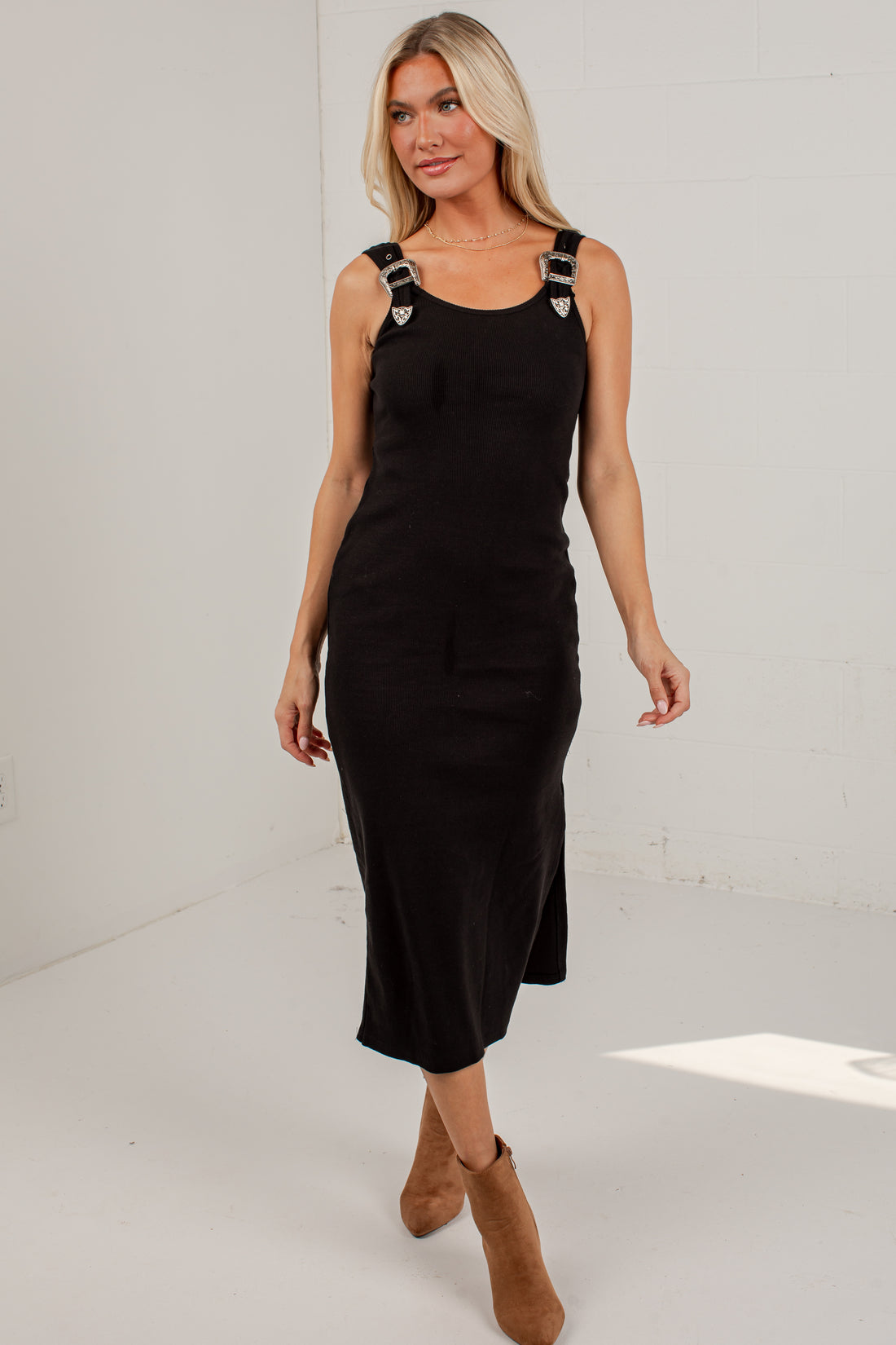 Western Allure Buckle Strap Midi Dress