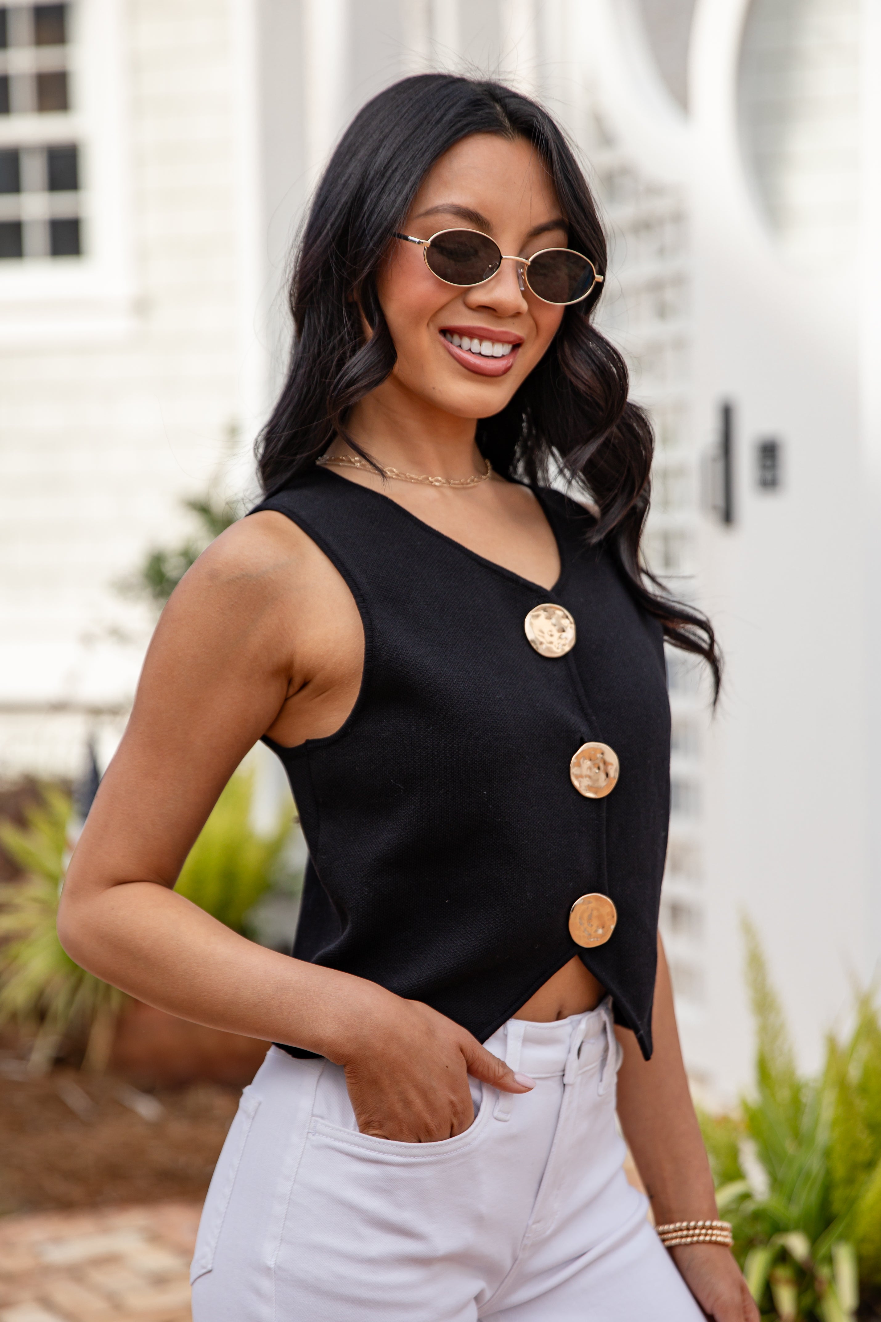 Golden Detail Buttoned Knit Vest | Trendy Women's Tops