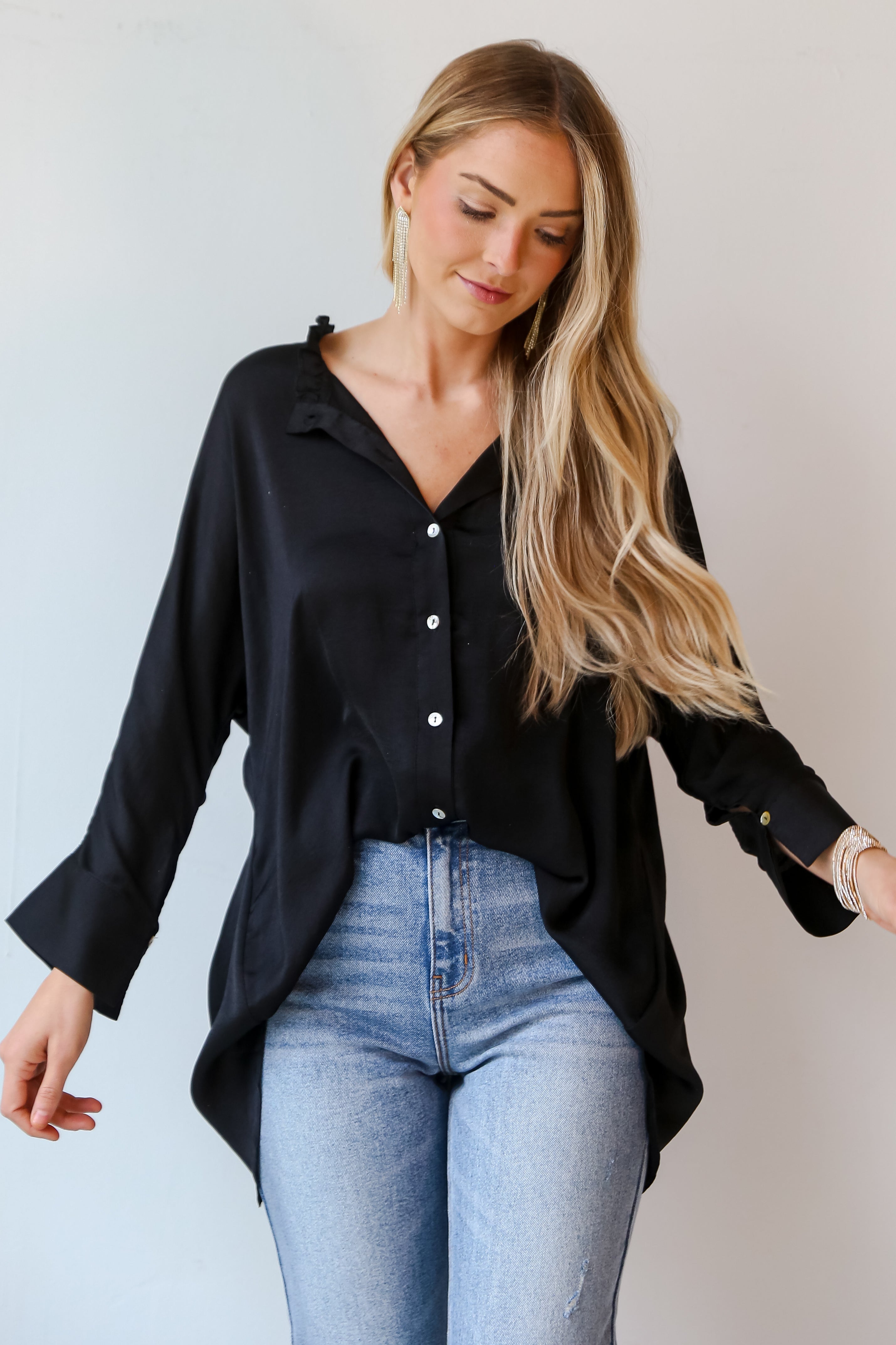 chic black Satin Oversized Blouse