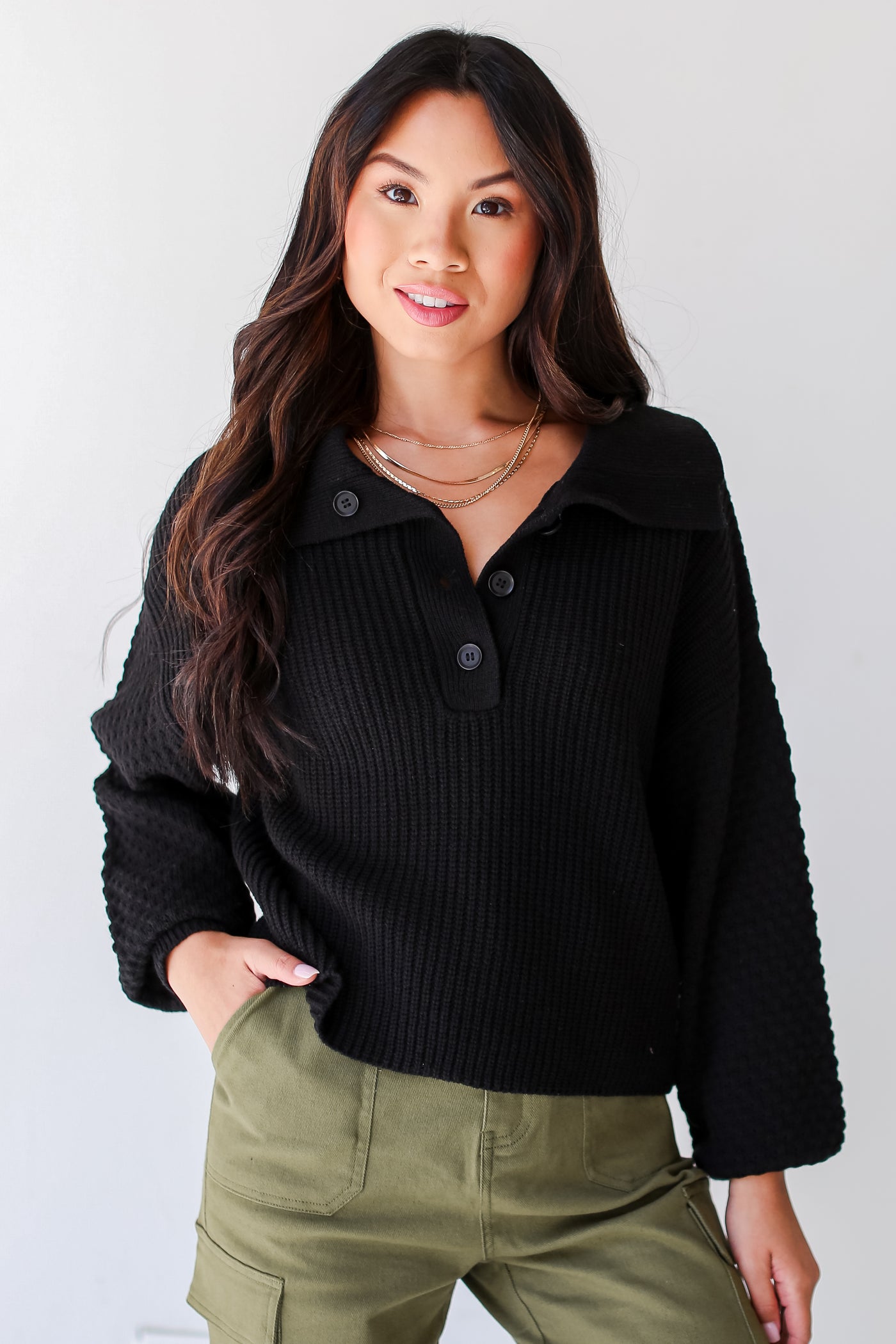 black Collared Henley Sweater front view