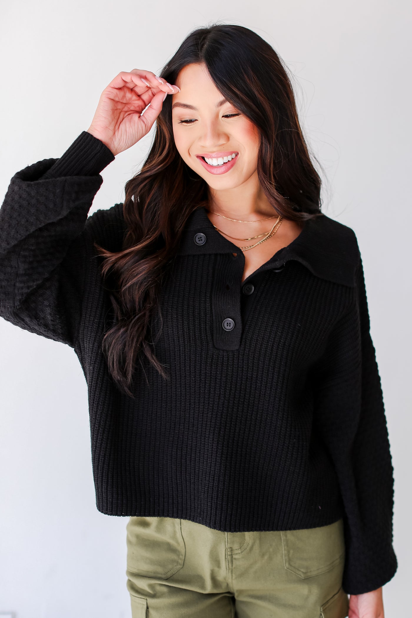 black Collared Henley Sweater front view