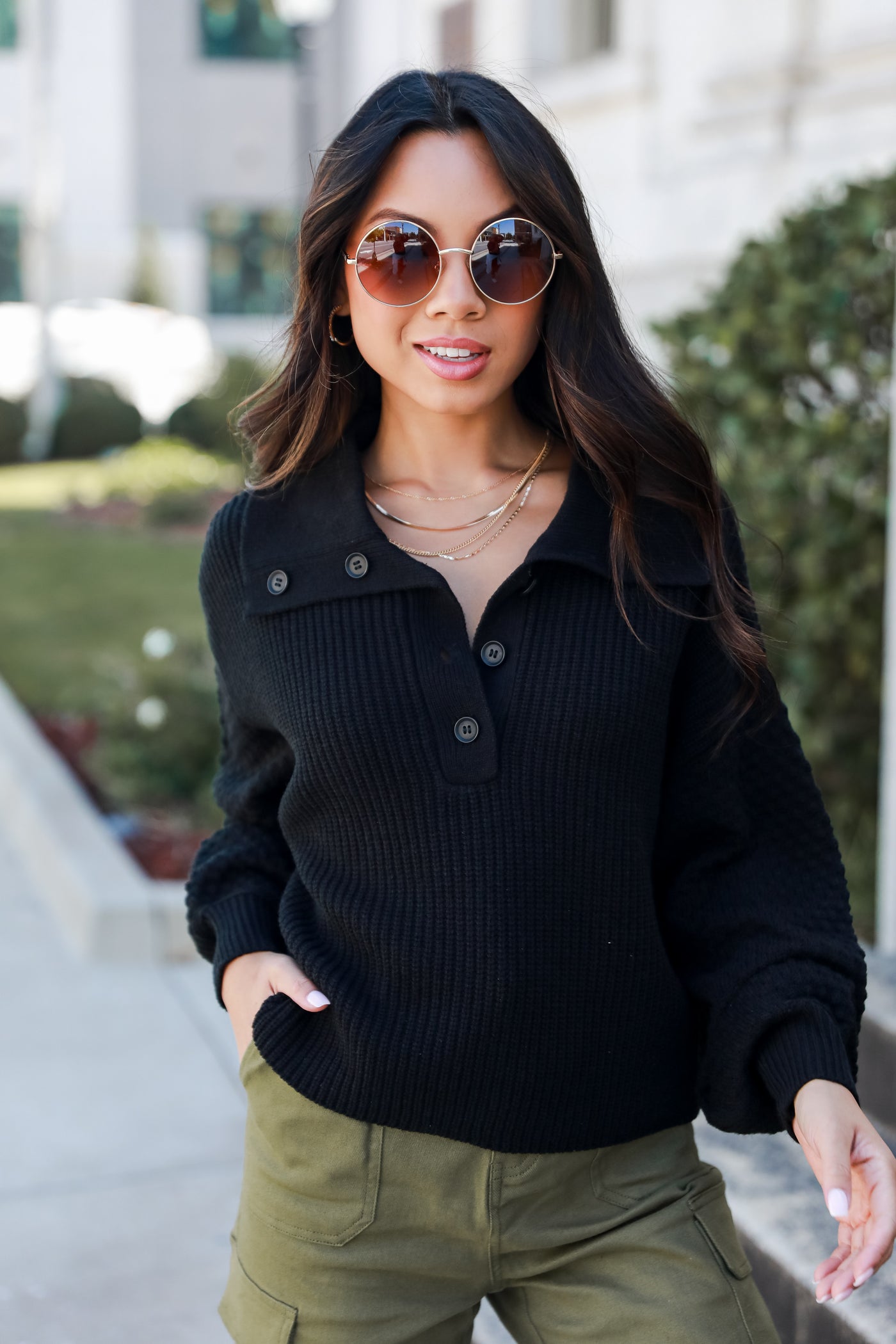 black Collared Henley Sweater on model