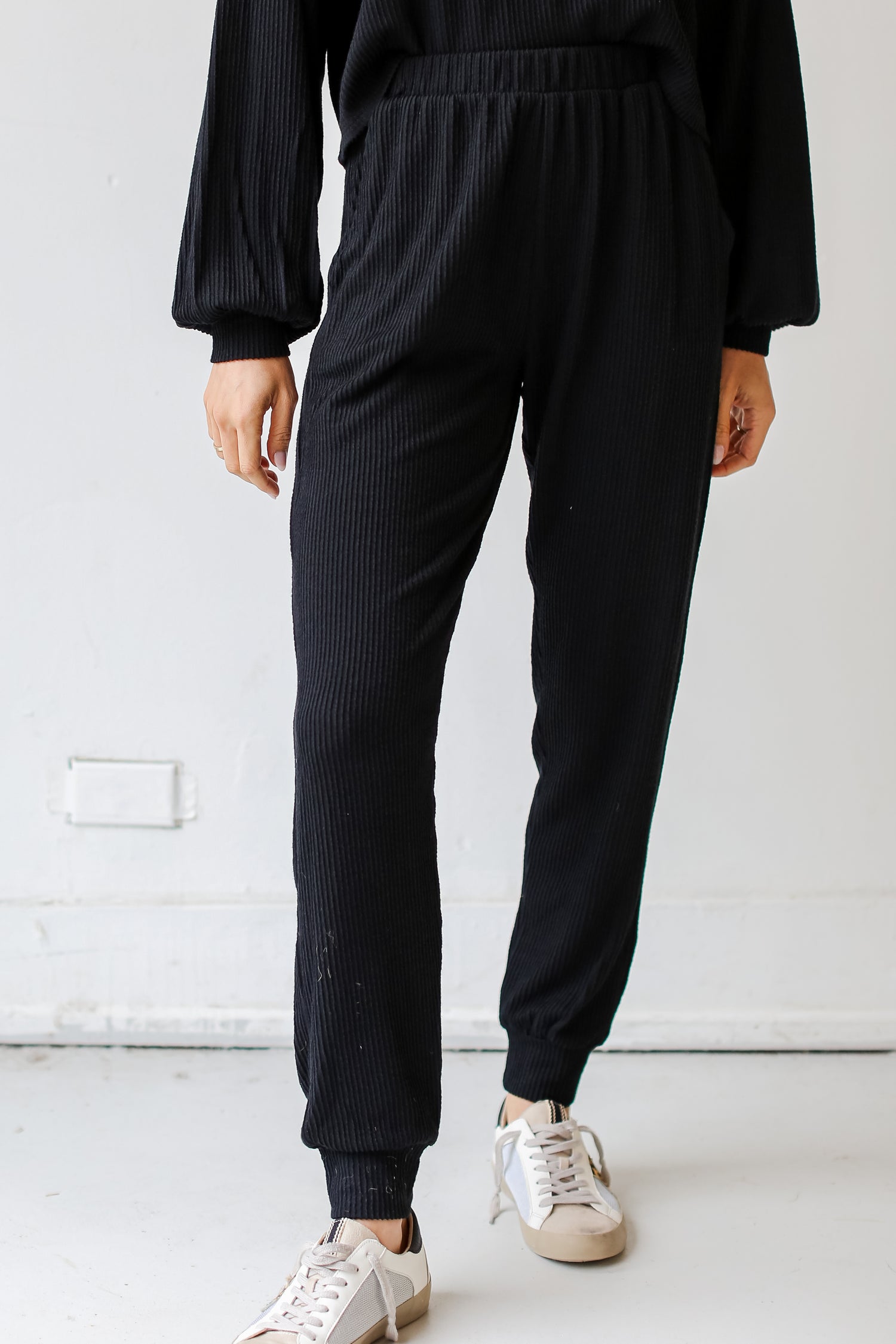 black Corded Joggers on dress up model