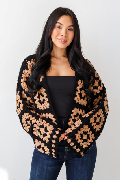 Timeless Warmth Black Crochet Knit Cardigan