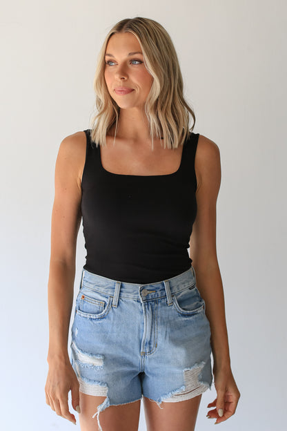 black Square Neck Tank on model