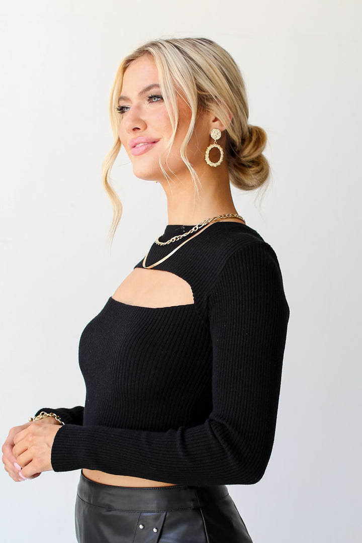 black Ribbed Knit Cutout Top side view