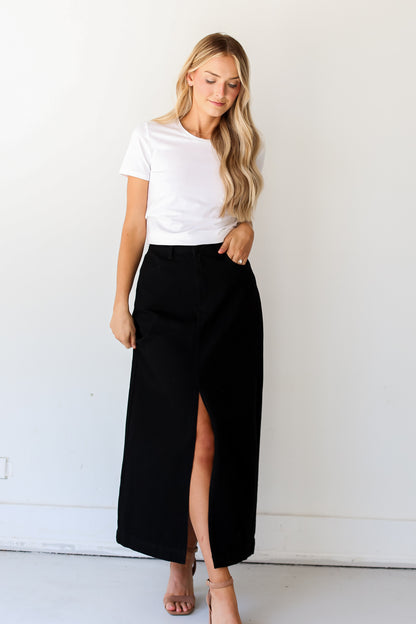 Black Denim Maxi Skirt front view