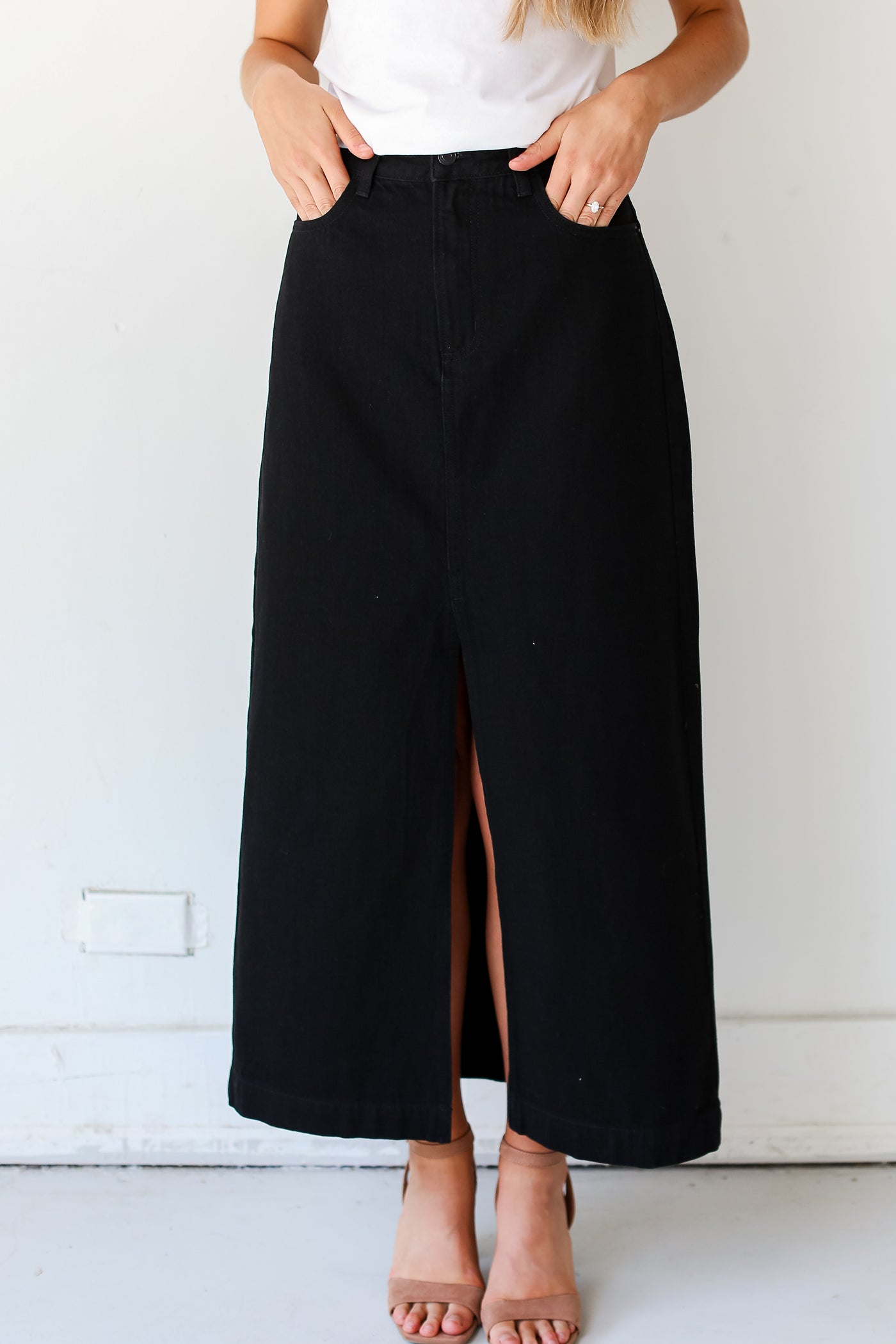 Black Denim Maxi Skirt on dress up model