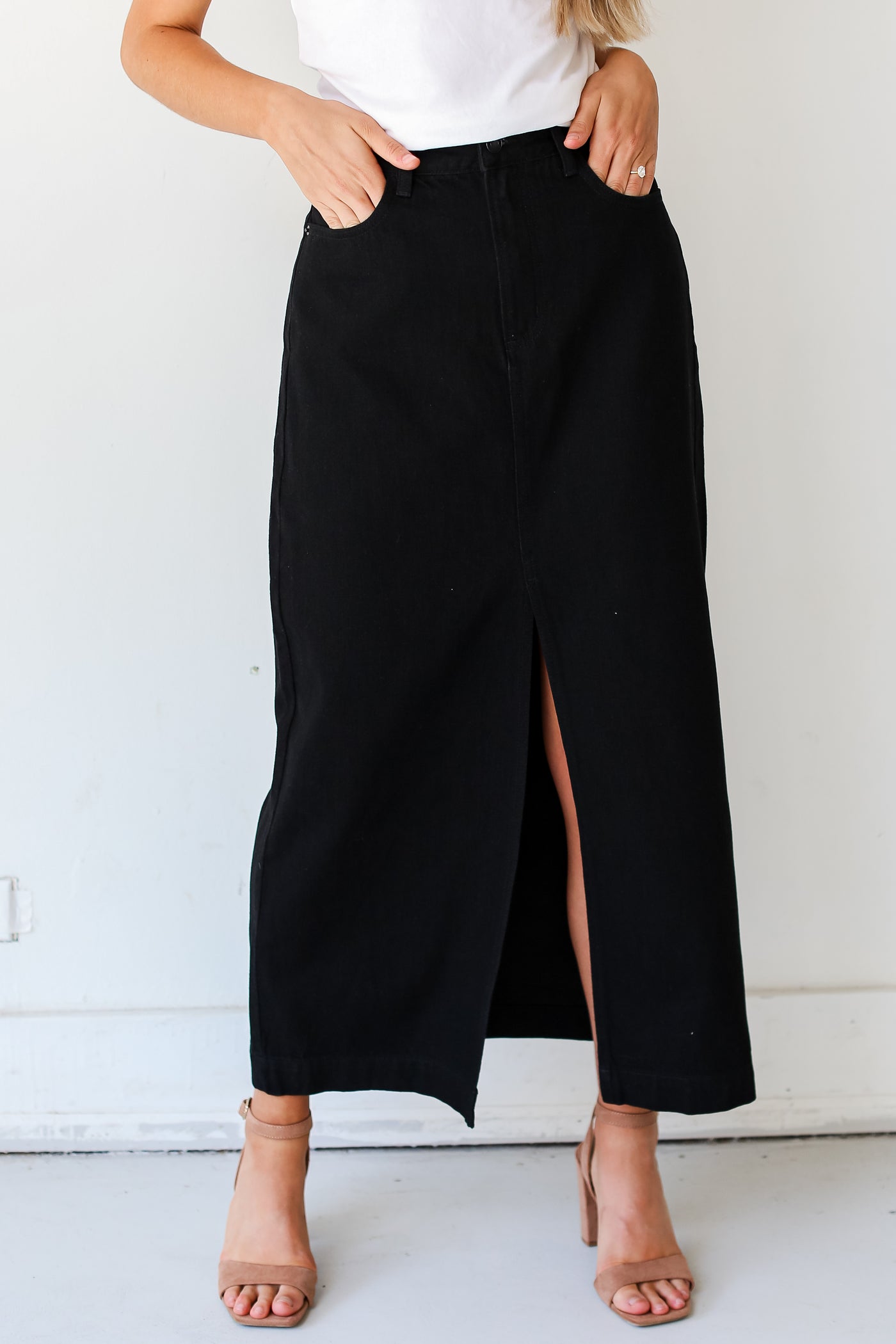 Black Denim Maxi Skirt close up
