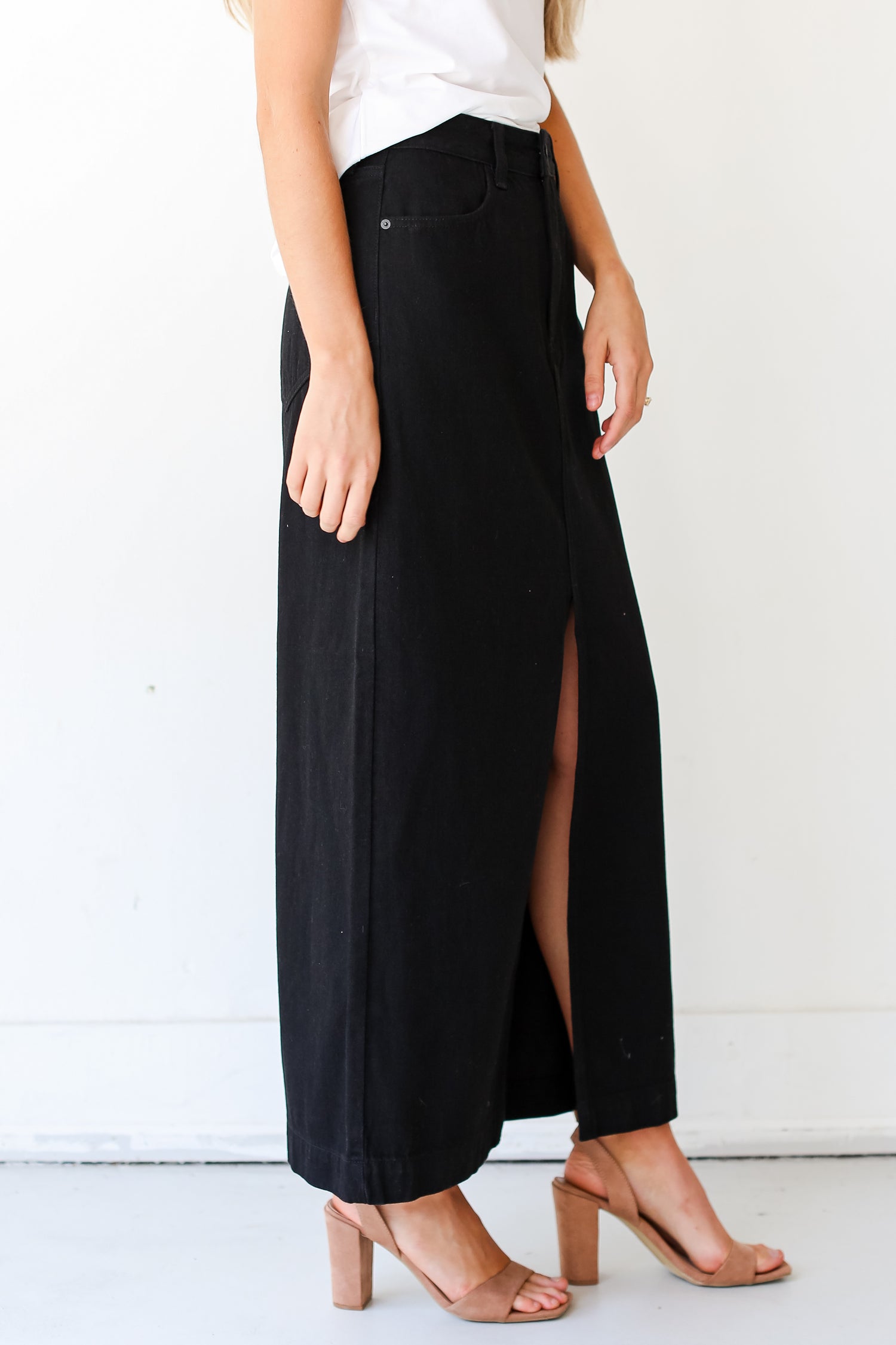Black Denim Maxi Skirt side view