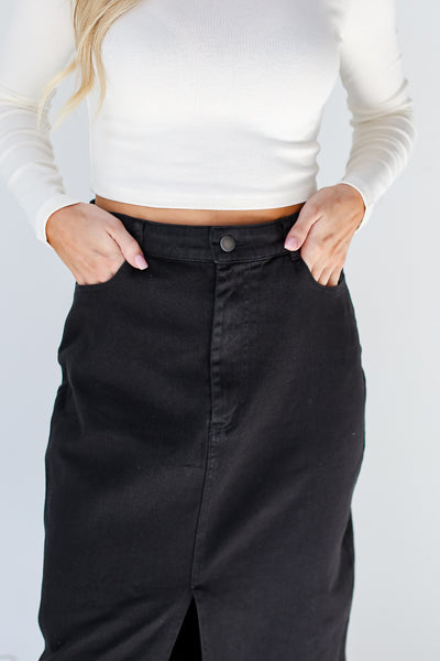 Black Denim Midi Skirt close up view