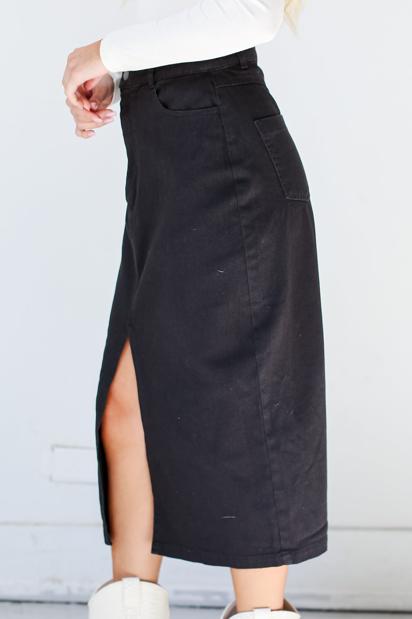 Black Denim Midi Skirt side view