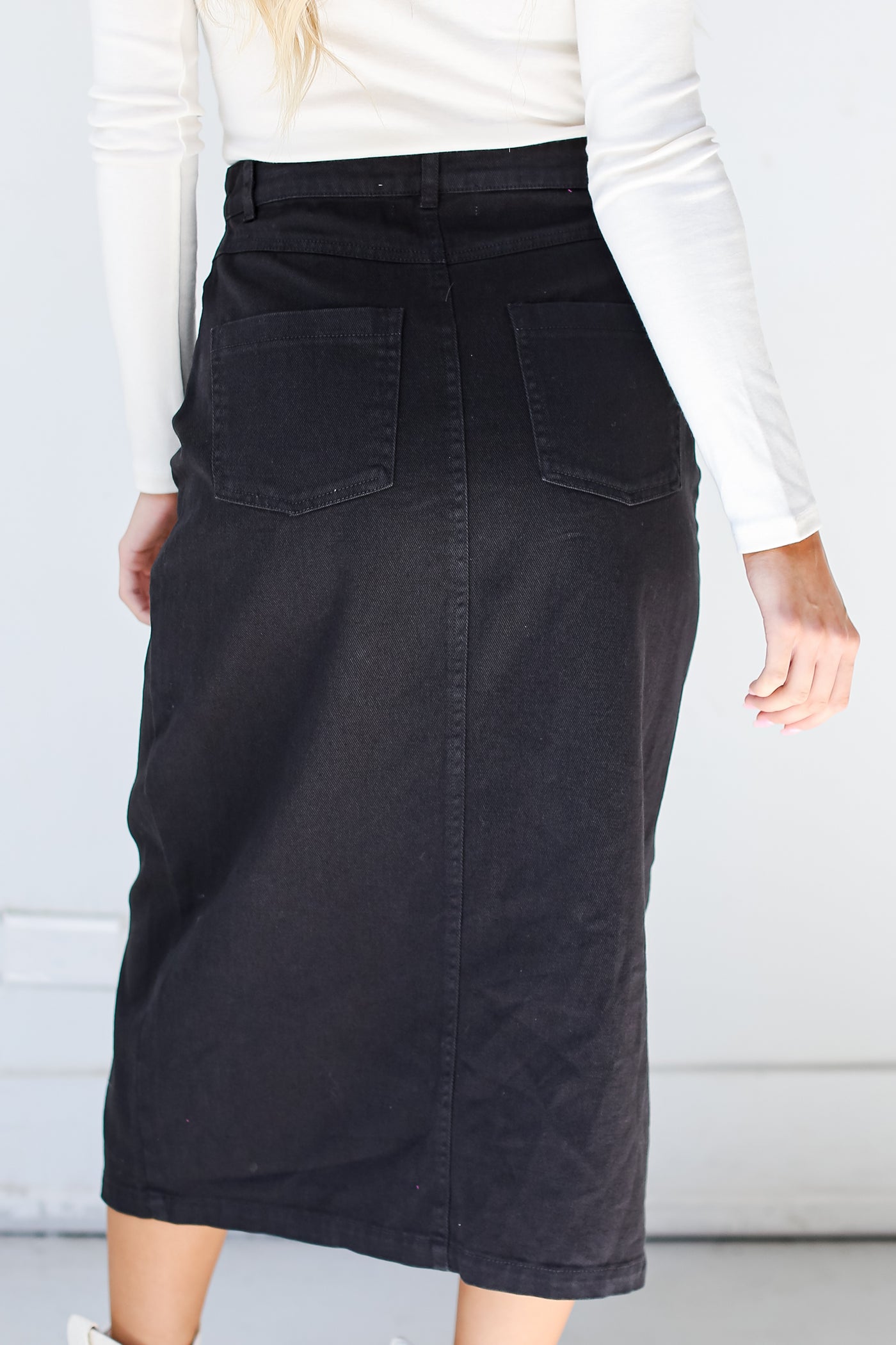 Black Denim Midi Skirt back view