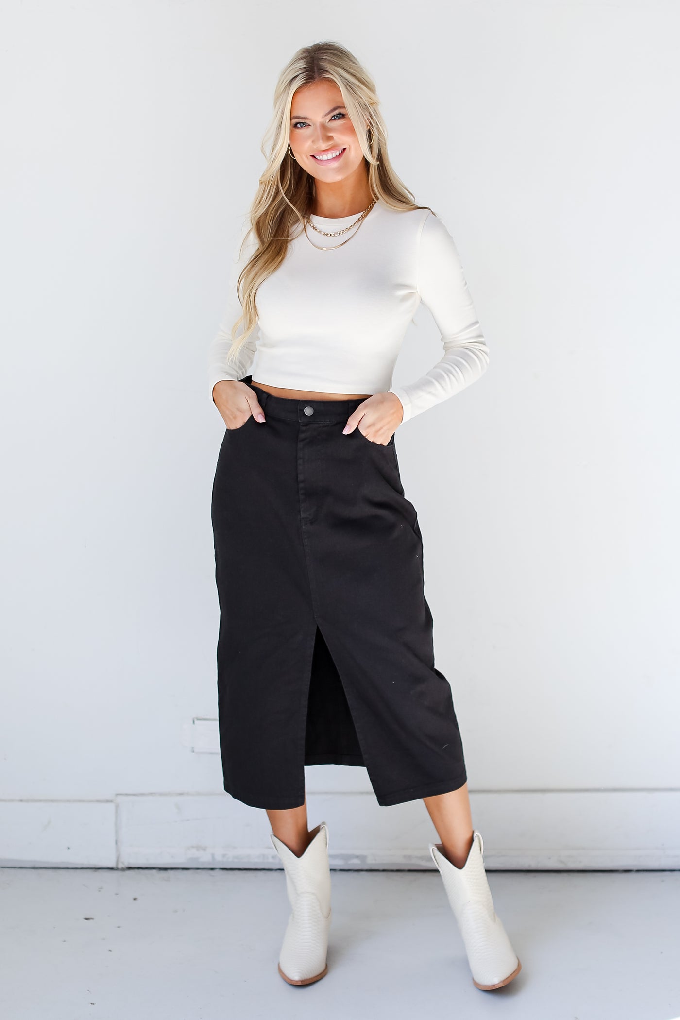 Black Denim Midi Skirt with basic white top